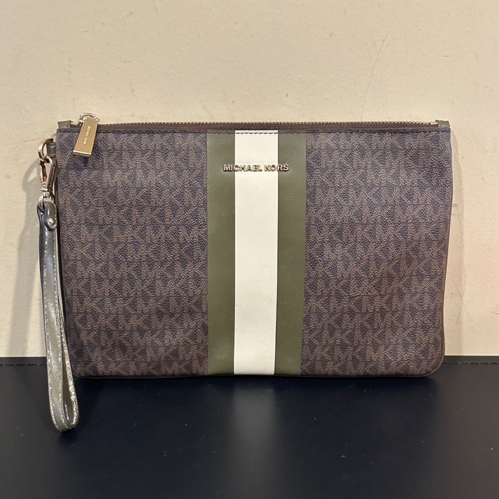 Michael Kors Brown Monogram Wristlet Clutch Large Olive Green White Stripe